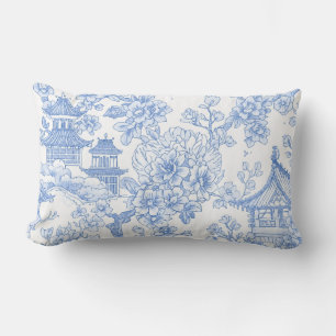 Cojín Lumbar Toile de Chinoiserie Azul Dragón Flor de Cerezo