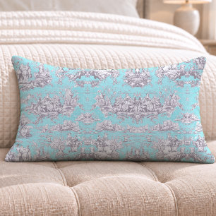 Cojín Lumbar Toile de Jouy floral azul acuático vintage