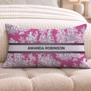 Cojín Lumbar Toile de Jouy monograma floral rosa magenta vintag