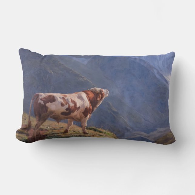 Cojín Lumbar Toro en los Alpes (por Eugène Burnand) (Anverso)