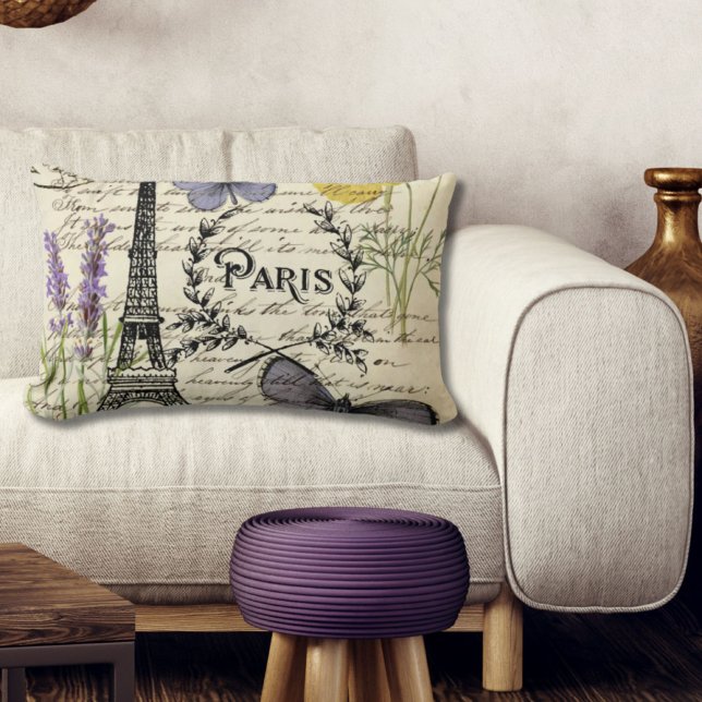Cojín Lumbar torre de eiffel de parís de mariposa frenético vin (vintage rustic french butterfly paris eiffel tower lumbar pillow)