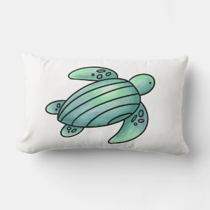 Cojín Lumbar tortuga marina pintada con acuarela azul verde de 