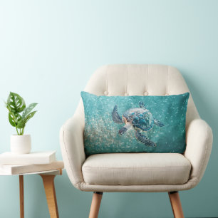 Cojín Lumbar Tortuga marina turquesa brillante   Costera