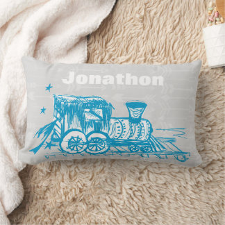 Cojín Lumbar Tren Choo de color azul gris en habitación de niño