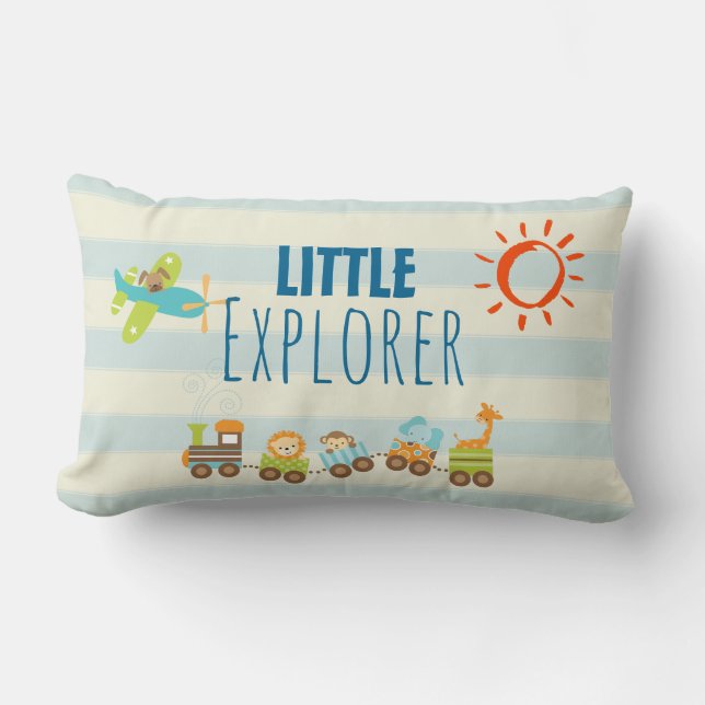Cojín Lumbar Tren de juguetes animales y avión en franjas (Anverso)