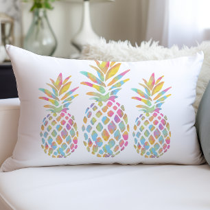 Cojín Lumbar Trío de Piña Acuarela Arcoíris Tropical