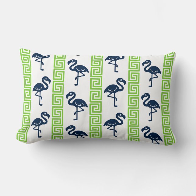 Cojín Lumbar Tropical Flamingo - Greek Key Navy & Lime (Anverso)