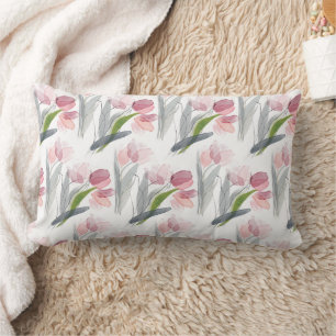 Cojín Lumbar Tulipanes Florales Rosados Hojas Verde Salvia Blan