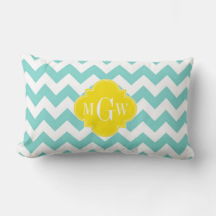 Cojín Lumbar Turquesa / Aqua Blanco Chevron Amarillo 3 Monogram