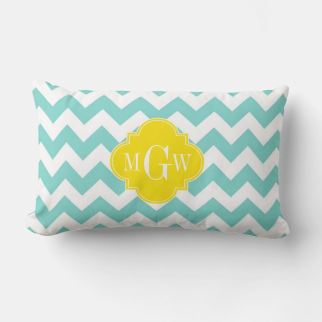 Cojín Lumbar Turquesa / Aqua Blanco Chevron Amarillo 3 Monogram (Anverso)