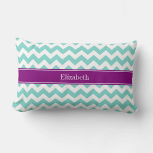 Cojín Lumbar Turquesa / Aqua Blanco Chevron Púrpura Monograma N