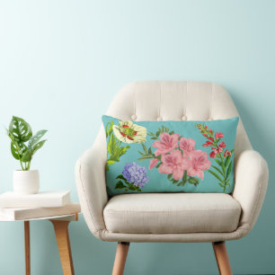 Cojín Lumbar Turquesa Audaz Floral Botánico Vintage Flor