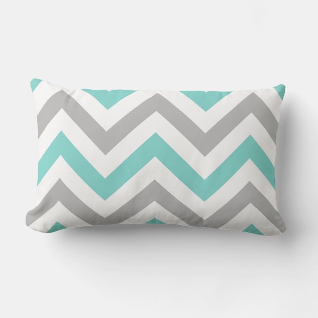 Cojín Lumbar Turquesa, Gris, Patrón de ZigZag de Chevron Grande (Anverso)
