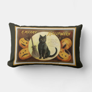 Cojín Lumbar Un gato negro de Feliz Halloween y calabazas negro