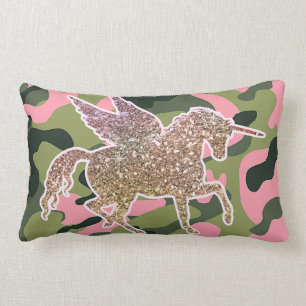 Cojín Lumbar Unicornio Camuflaje Verde Rosa y Purpurina Dorada