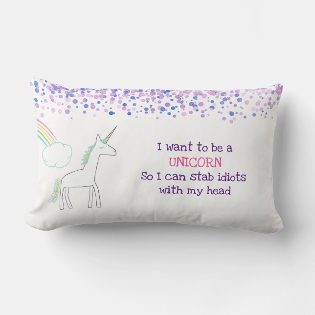 Cojín Lumbar Unicornio con arcoiris y confetti dice gracioso (Anverso)