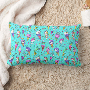 Cojín Lumbar Unicornio con patrón de helado azul cian lindo