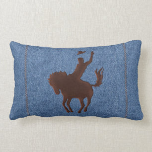 Cojín Lumbar Vaquero de cuero y caballo en Denim (almohada lumb