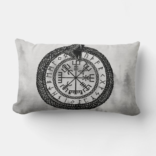 Cojín Lumbar Vegvisir con Ouroboros y las runas - grayscale (Anverso)