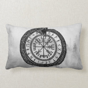 Cojín Lumbar Vegvisir con Ouroboros y las runas - grayscale