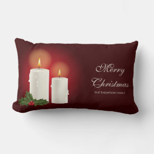 Cojín Lumbar Velas blancas de Navidad en rojo con texto persona