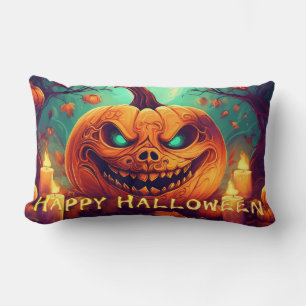 Cojín Lumbar Velas de Calabaza de Ojos Verdes Luna Llena Hallow
