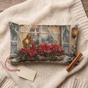 Cojín Lumbar Ventana de Navidad con Poinsettia Nevada