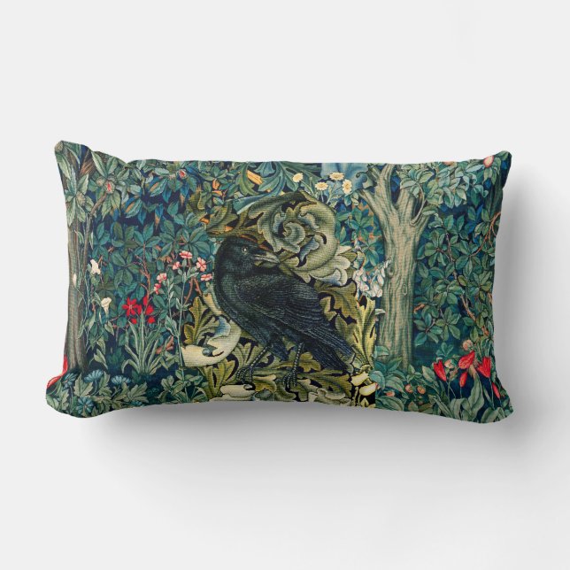 COJÍN LUMBAR VERDAD, ANIMALES FORESTALES, RAVEN EN FLORAL VERDE (Anverso)