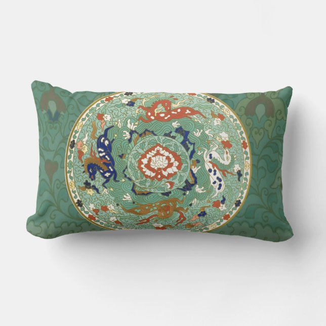 Cojín Lumbar Verde azul del circulo chino antiguo (Anverso)