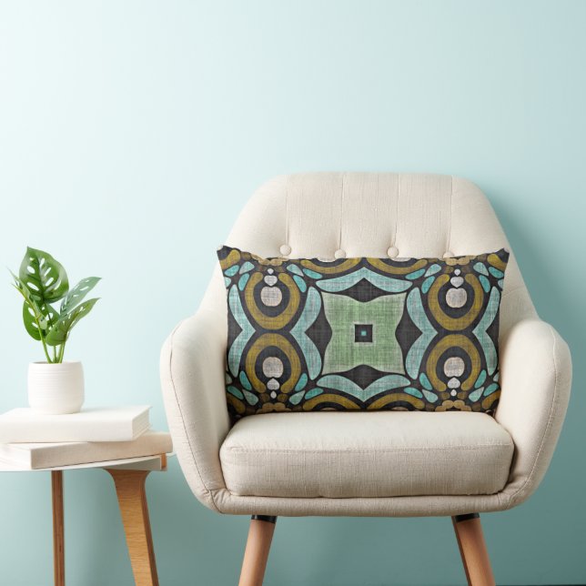 Cojín Lumbar Verde azulado Turquesa Ochre Retro Hip Motif de Ar (Silla)