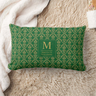 Cojín Lumbar Verde Esmeralda y Dorado Patrón Damask Sin Costura