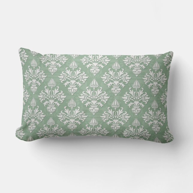 Cojín Lumbar Verde Salvia y Floral Damask Blanco (Anverso)