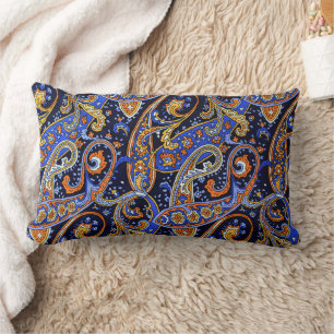 Cojín Lumbar Vibrante Patrón Bohemio de Paisley Naval y Naranja