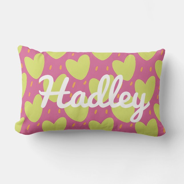 Cojín Lumbar Vibrantes corazones lúdicos, nombre rosa y verde (Anverso)