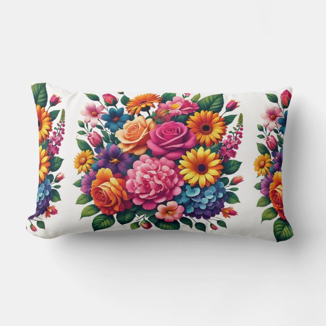 Cojín Lumbar Vibrantes Zinnias y diseño floral Cosmos (Anverso)