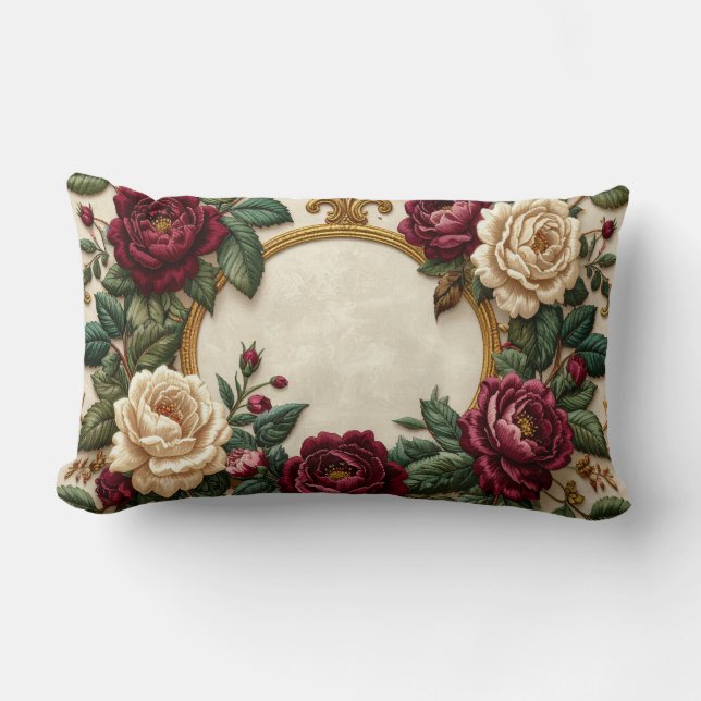Cojín Lumbar Victorian Roses Gold Oval Frame Pillow - Elegant B (Anverso)
