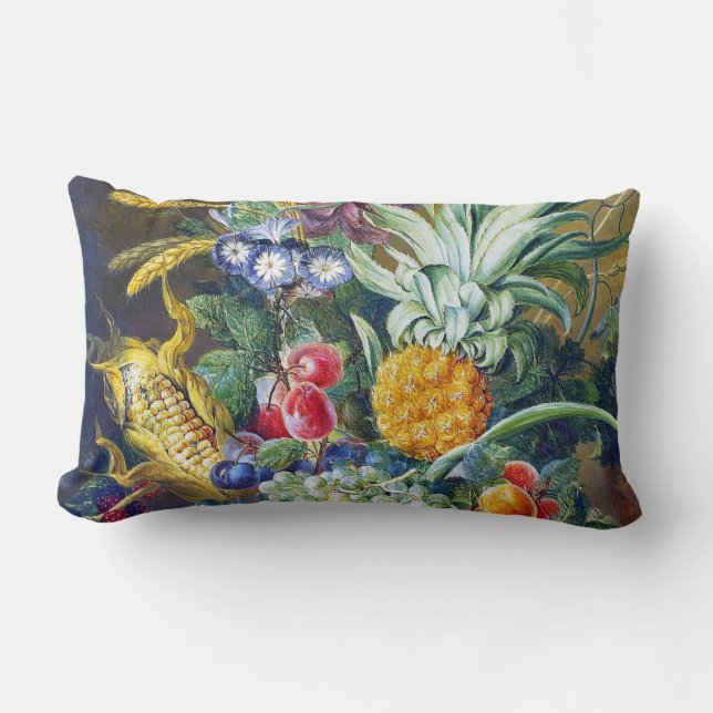 Cojín Lumbar Vida fija con maíz, fruta y flores azules (Anverso)