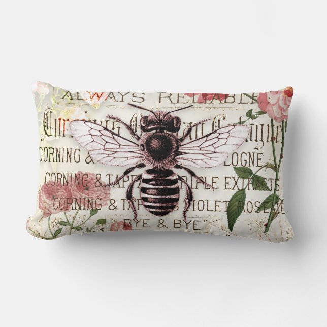 Cojín Lumbar Vintage Bee Rose Bouquet Ephemera Decoupage (Anverso)