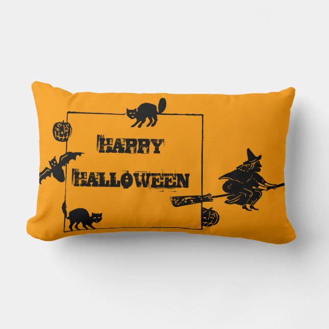 Cojín Lumbar Vintage Black Cats Bat Pumpkins Witch (Anverso)