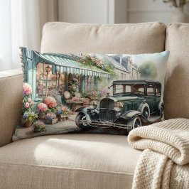 Cojín Lumbar Vintage Car and Charming Flower Shop Watercolor