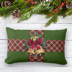 Cojín Lumbar Vintage Christmas Bell Green Plaid Ribbon