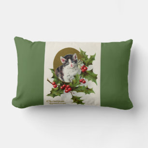 Cojín Lumbar Vintage Christmas Kitten Green Lumbar Pillow