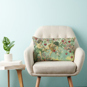 Cojín Lumbar Vintage Día de San Valentín Victoriano Cupids Hear