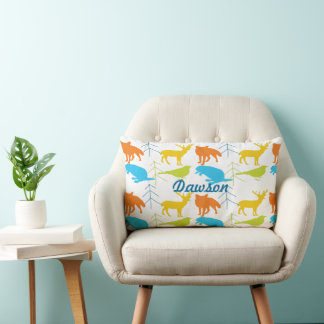 Cojín Lumbar Vintage Modern Fox y Birds Pine Tree Neon Pillow