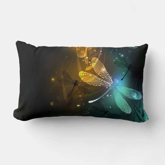 Cojín Lumbar Vuelo de libélula luminosa verde (Anverso)