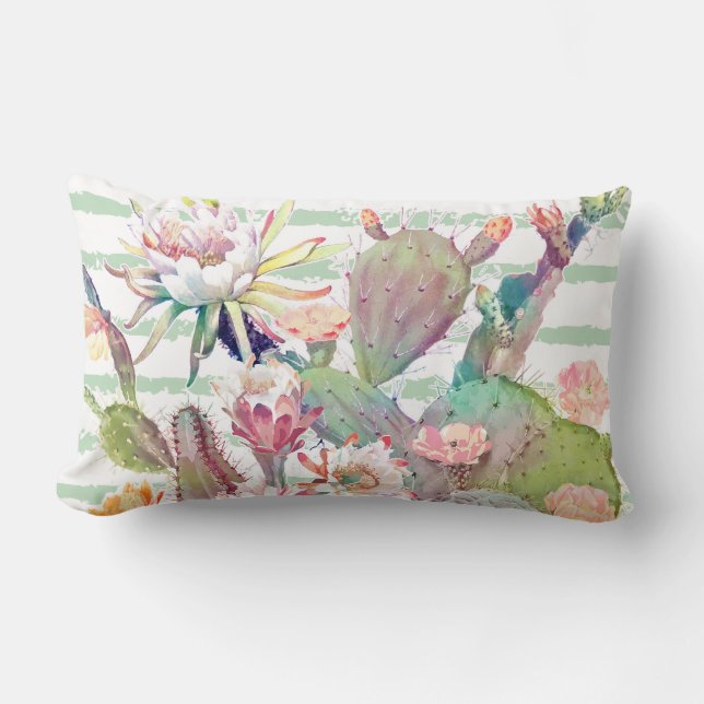 Cojín Lumbar Watercolor Cactus Floral Stripes Design (Anverso)
