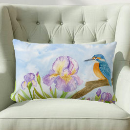 Cojín Lumbar Watercolor Kingfisher with Purple Irises 