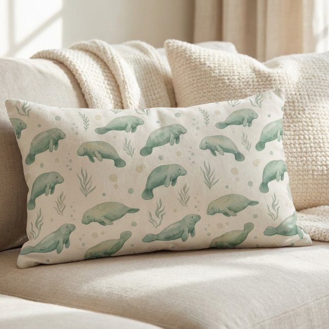 Cojín Lumbar Watercolor Manatee Throw Pillow (watercolor throw pillow with manatee pattern on neutral sofa)