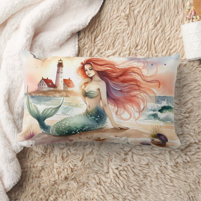 Cojín Lumbar Watercolor Mermaid by Lighthouse Shore (Manta)