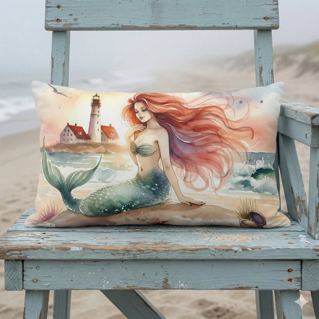 Cojín Lumbar Watercolor Mermaid by Lighthouse Shore (Watercolor Mermaid by Lighthouse Shore Lumbar Pillow Mockup A)